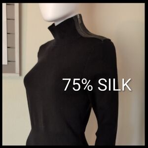 I•N•C Petite International Concepts Mock T-neck Zipper Accents 75%Silk SzL EUC
